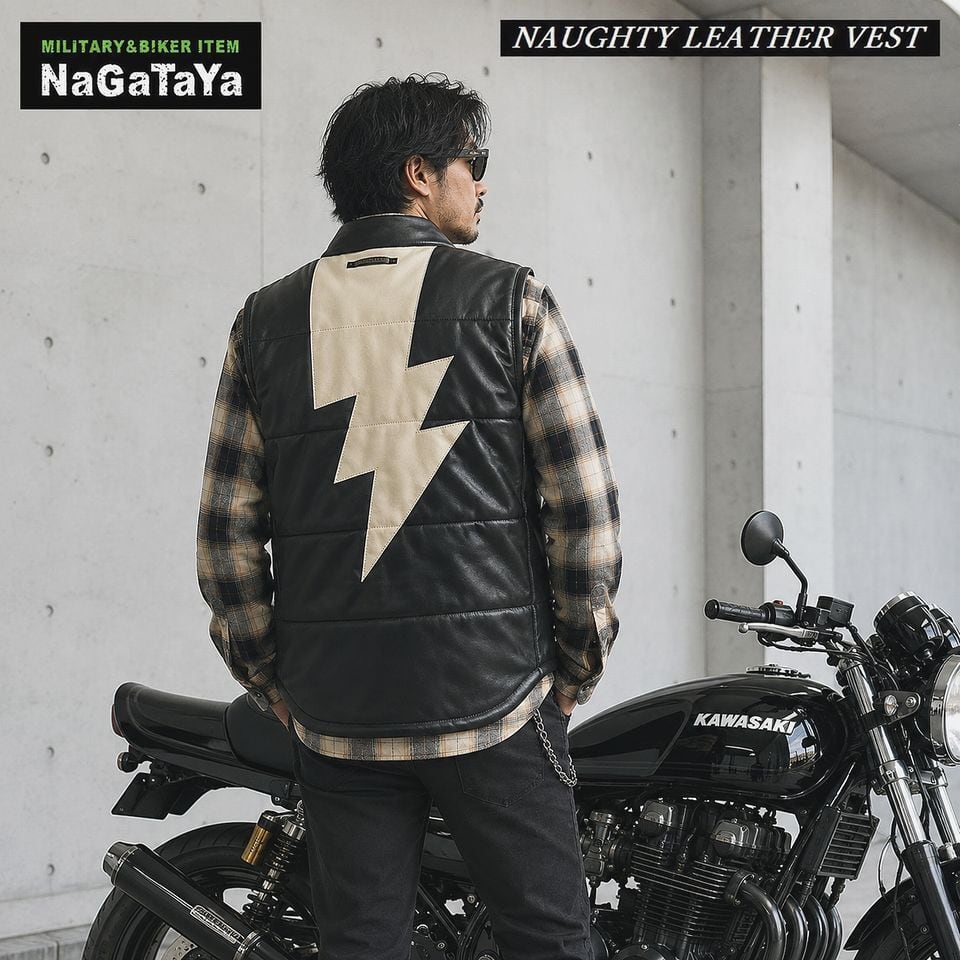 未使用級✨ VIN&AGE ヴィン＆エイジ レザー ダウンベスト バイク 稲妻 Vin&Age ヴィンアンドエイジ Naughty leather vest レザー ナーティー