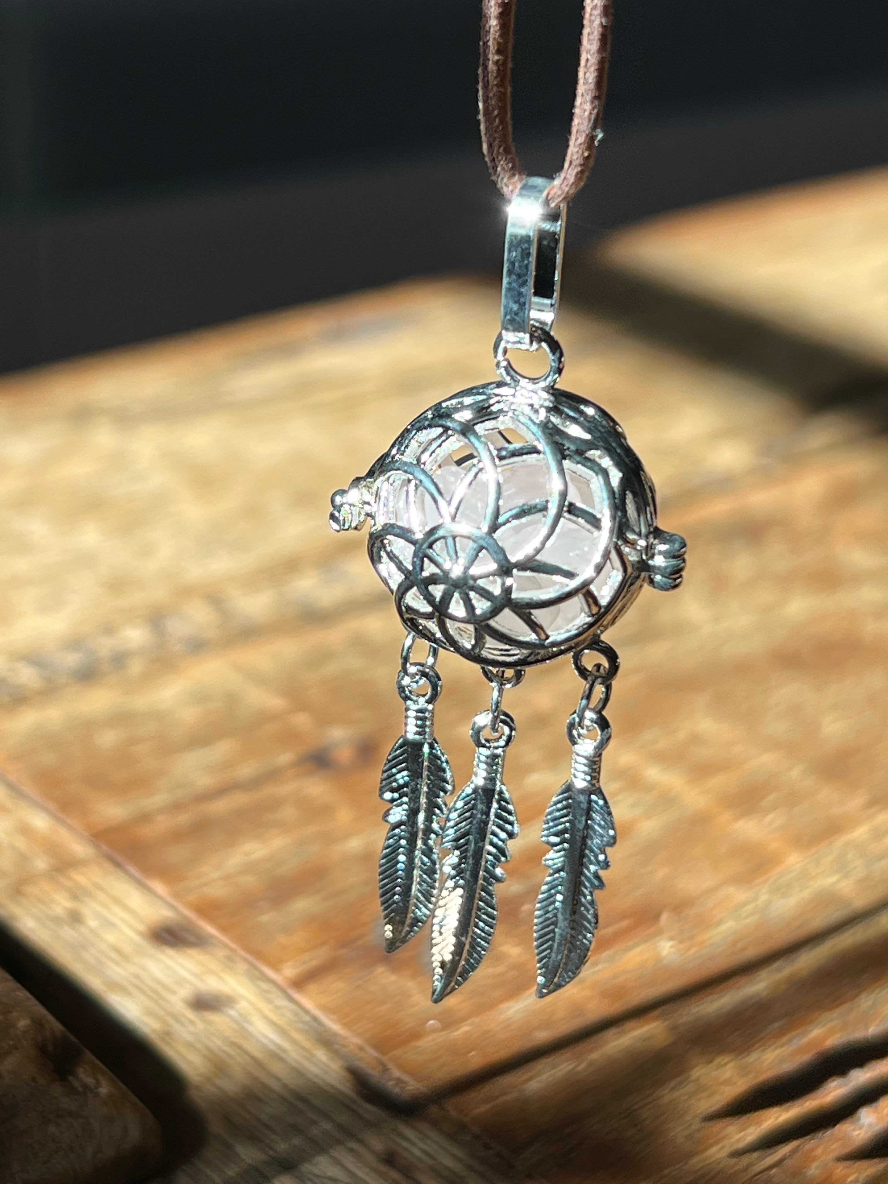 Silver【ケージ型】ドリームキャッチャー型ストーン入れ替えペンダント