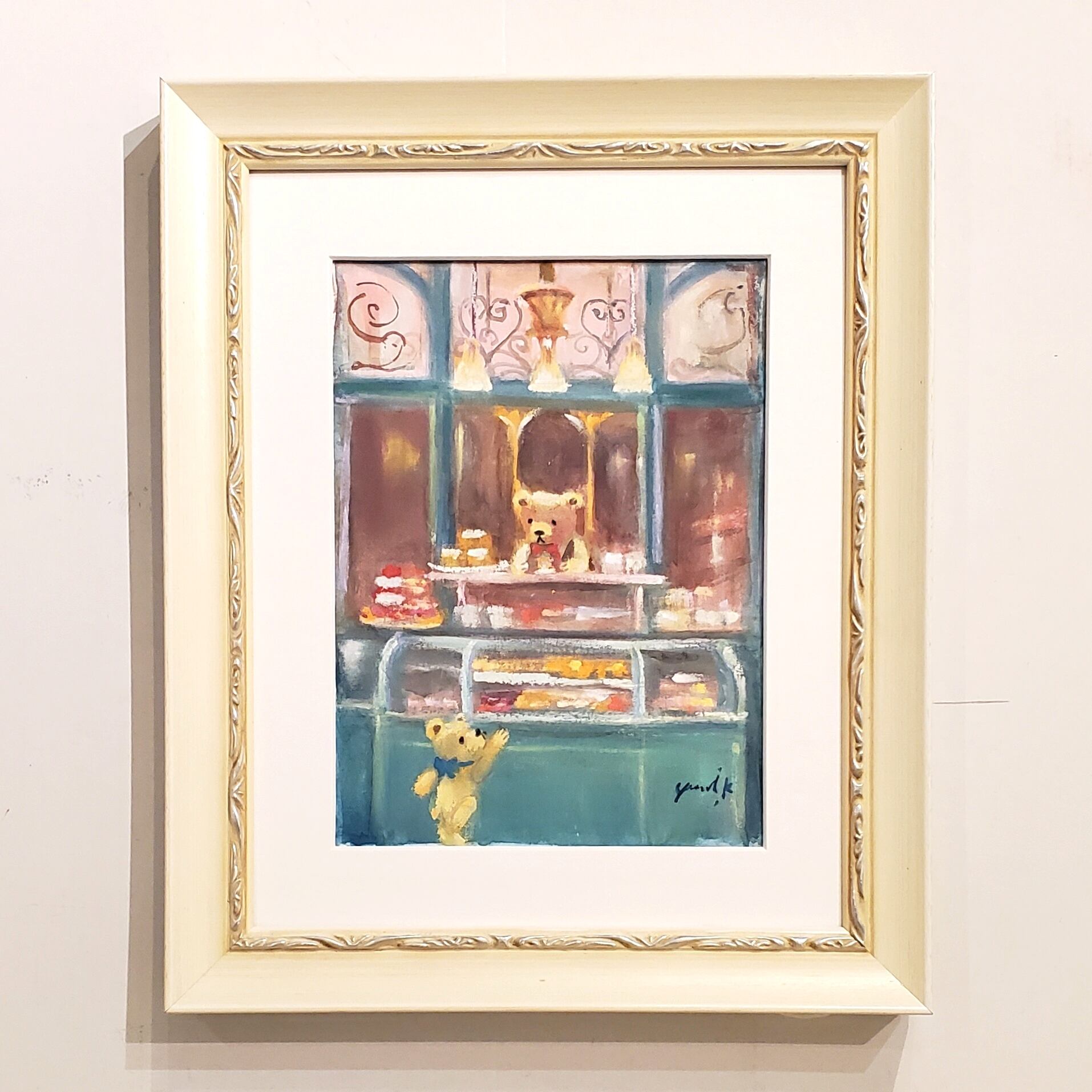 【油彩画】　「テディベア 」　SMサイズ 額付き 絵画 ｢クマ達のパティスリー｣ 19×14cm 水彩/パステル 額付き 神之浦
