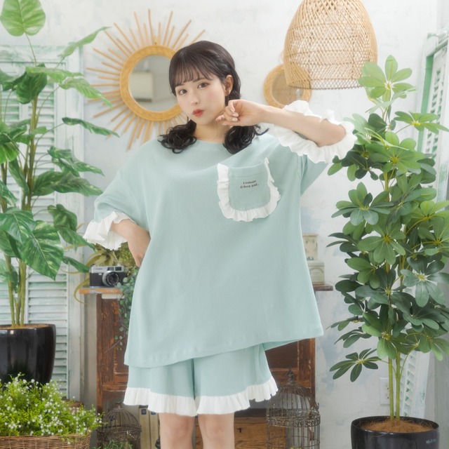 Waffle frill パジャマセットアップ（Mint / Navy ）