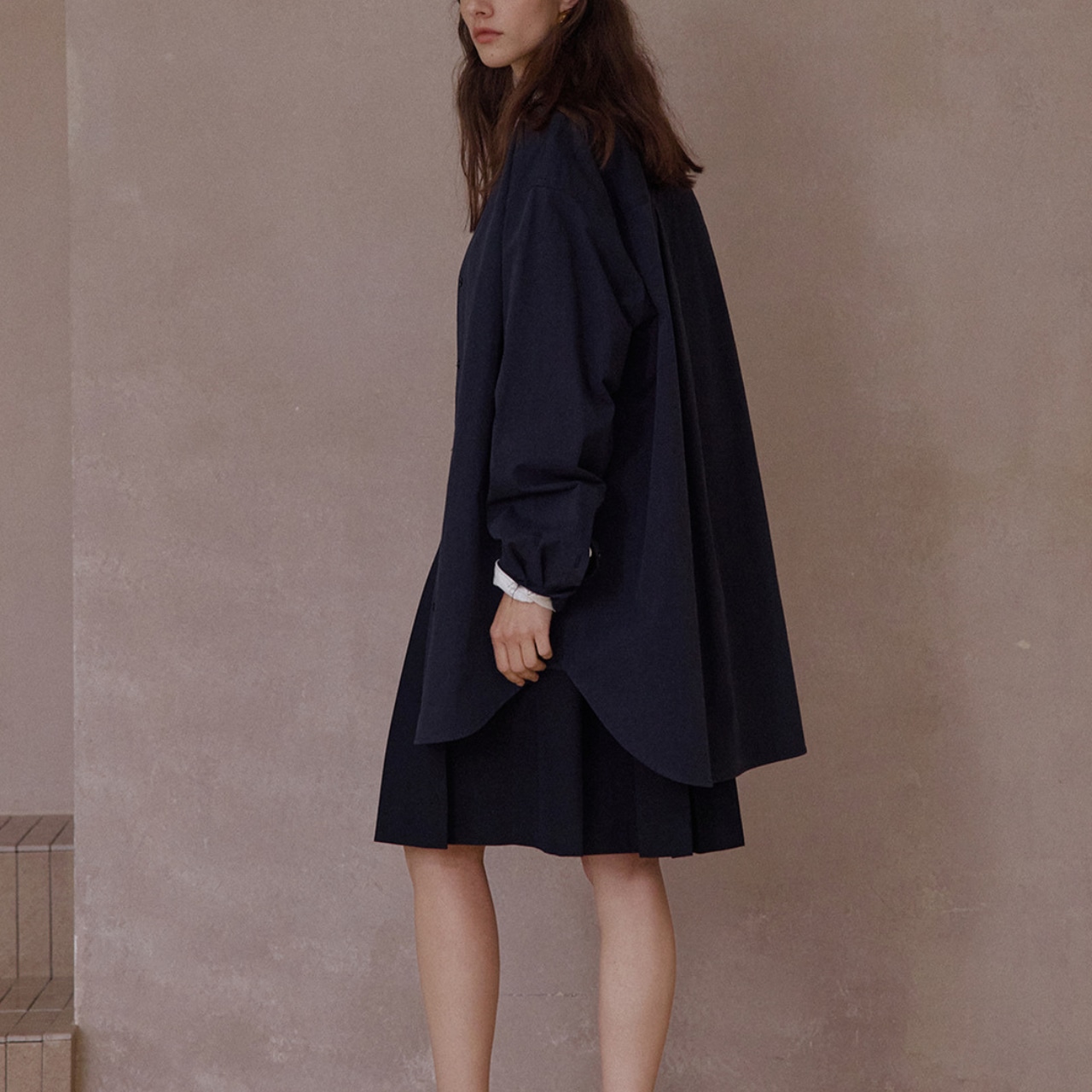 Stand Collar Button Front Long Length Cotton Shirt【3color】 T3641