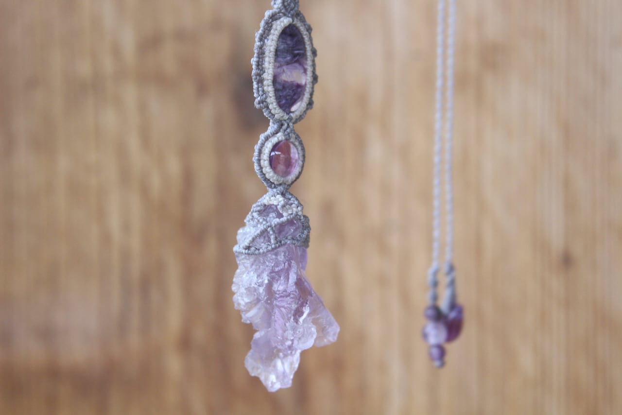 Etched Amethyst & Charoite & amethyst micro macrame purple pendant