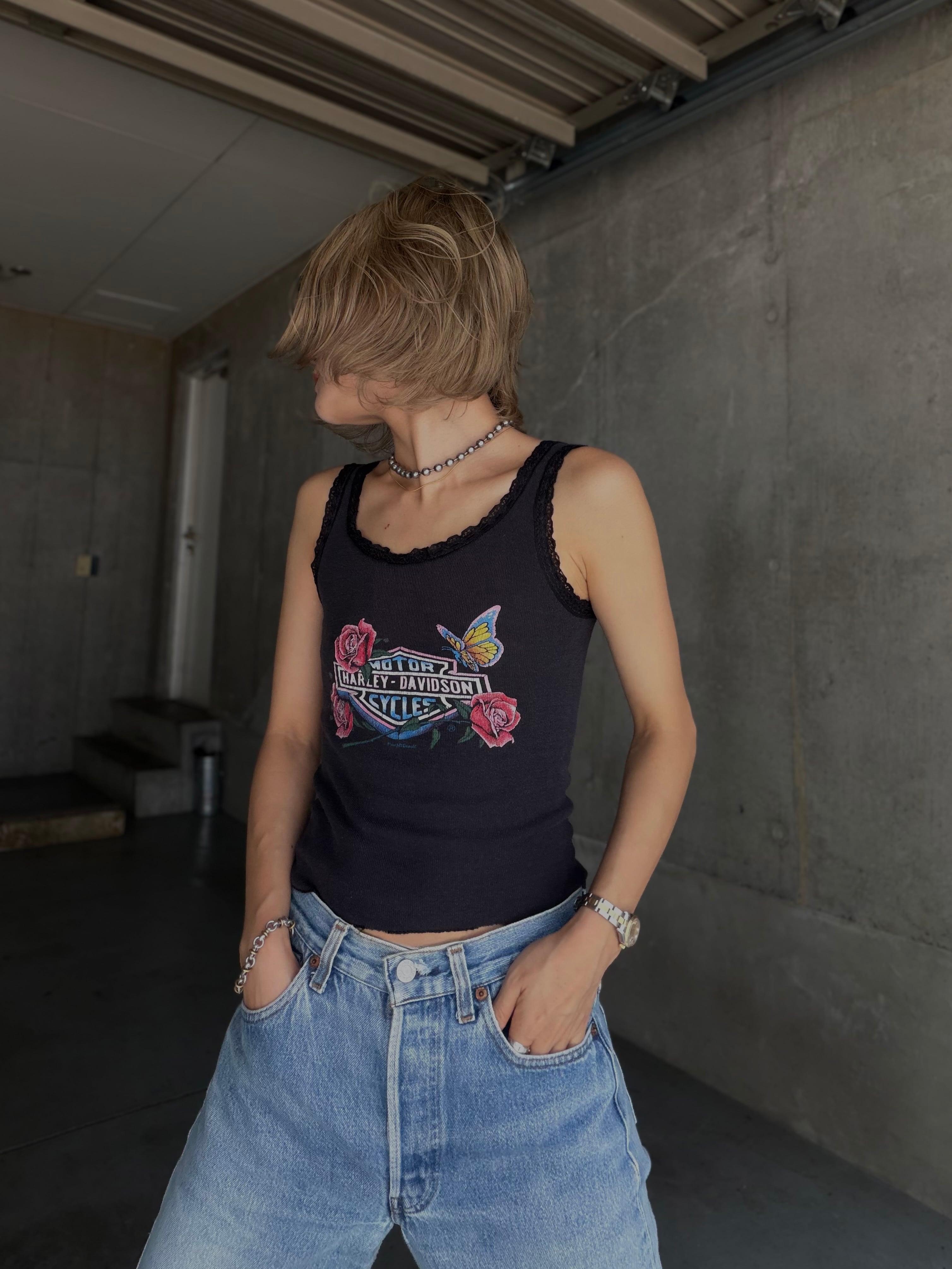 (CS2400)80's HARLEY-DAVIDSON lace docking rib tanktop made in USA