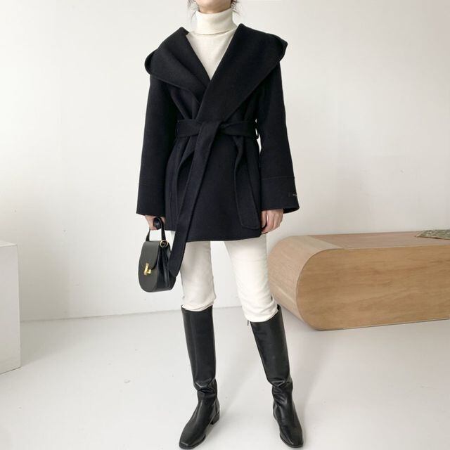 【予約販売】ショートコート レディース コート きれいめ フード付 ショールカラー ガウン フリーサイズ ブラウン/ブラック/ホワイト