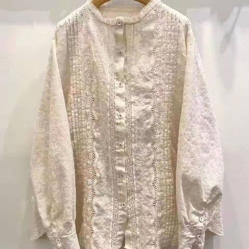 2色/ピンタック刺?レース前開きブラウス ・12087