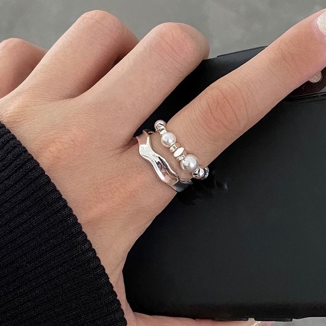 silver pearl wave ring K874