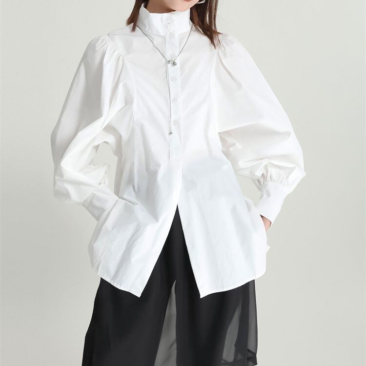 STAND COLLAR SOLID PUFF SLEEVES DESIGN SHIRT 2colors M-11818