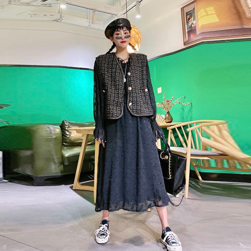 ファットプラスサイズの女性のチョッキドレスファットmmスリム気質ウエストは薄い大学スタイルの女性のスカートツーピーススーツでした ミックスインファッション72176992540