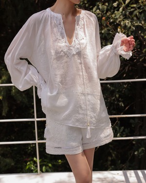 Lace drawstring volume sleeve Blouse L0279