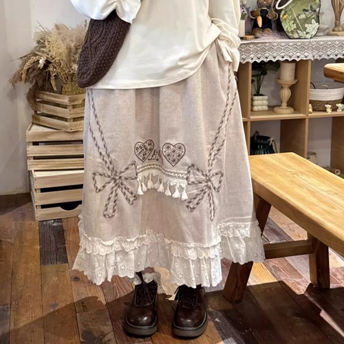 3色／裾レースリボン刺繍フレアスカート ・9005