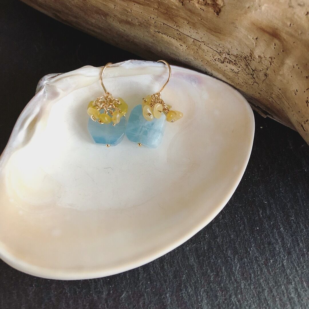 イエローオパール×アクアマリンのミモザピアス
