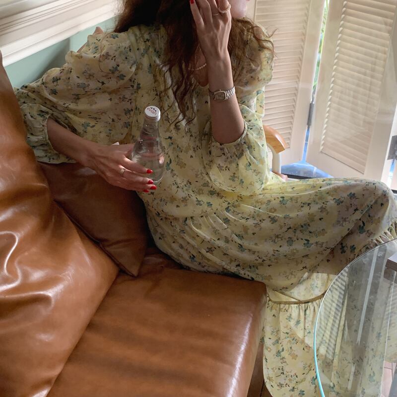 スタンダードフローラルスカート ルーズ薄手Vネックロングドレス レトロ 花柄 ビッグFスモールZ韓国31203456439