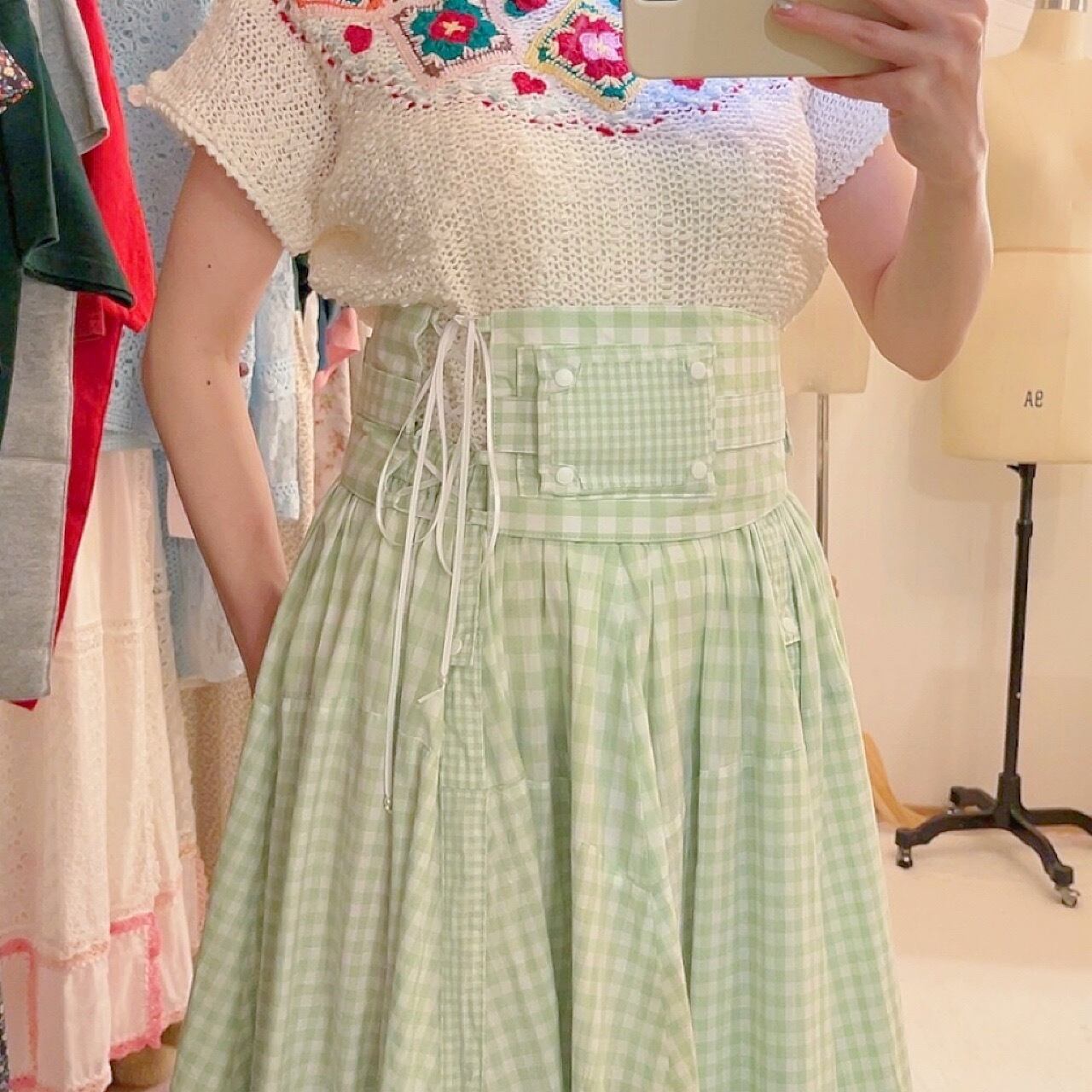 original : transformation belt gingham check skirt . green