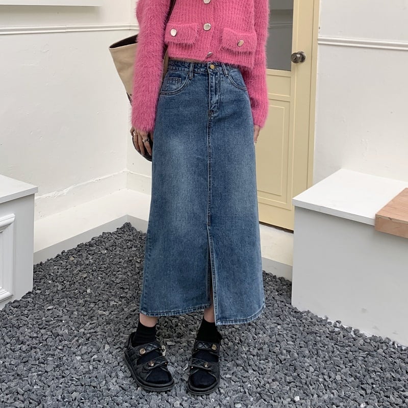 ワードスカート スカート ボトムス デニムスカート ミモレ ミモレ丈 スリム タイト ストレート Aライン スリット ハイウエスト 大人可愛い カジュアル おしゃれ お洒落 レトロ 無地 春 レディース 女性用 デート お出かけ 女子会 お泊まり 休日 イベント 普段使い ファッション コーデ スタイル サイズ M L XL 2XL 3XL 4XL ゆったり 青 ブルー