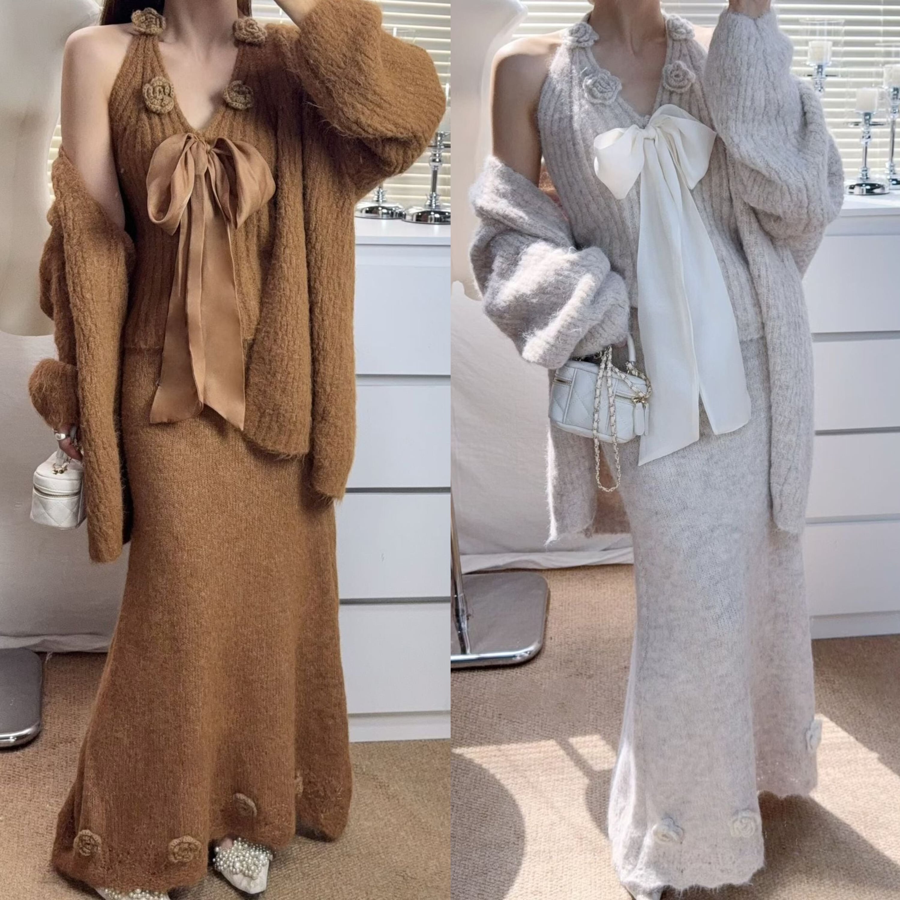 【set】リボンホルターネックニットトップス×カーディガン×スカート3点セット N3458