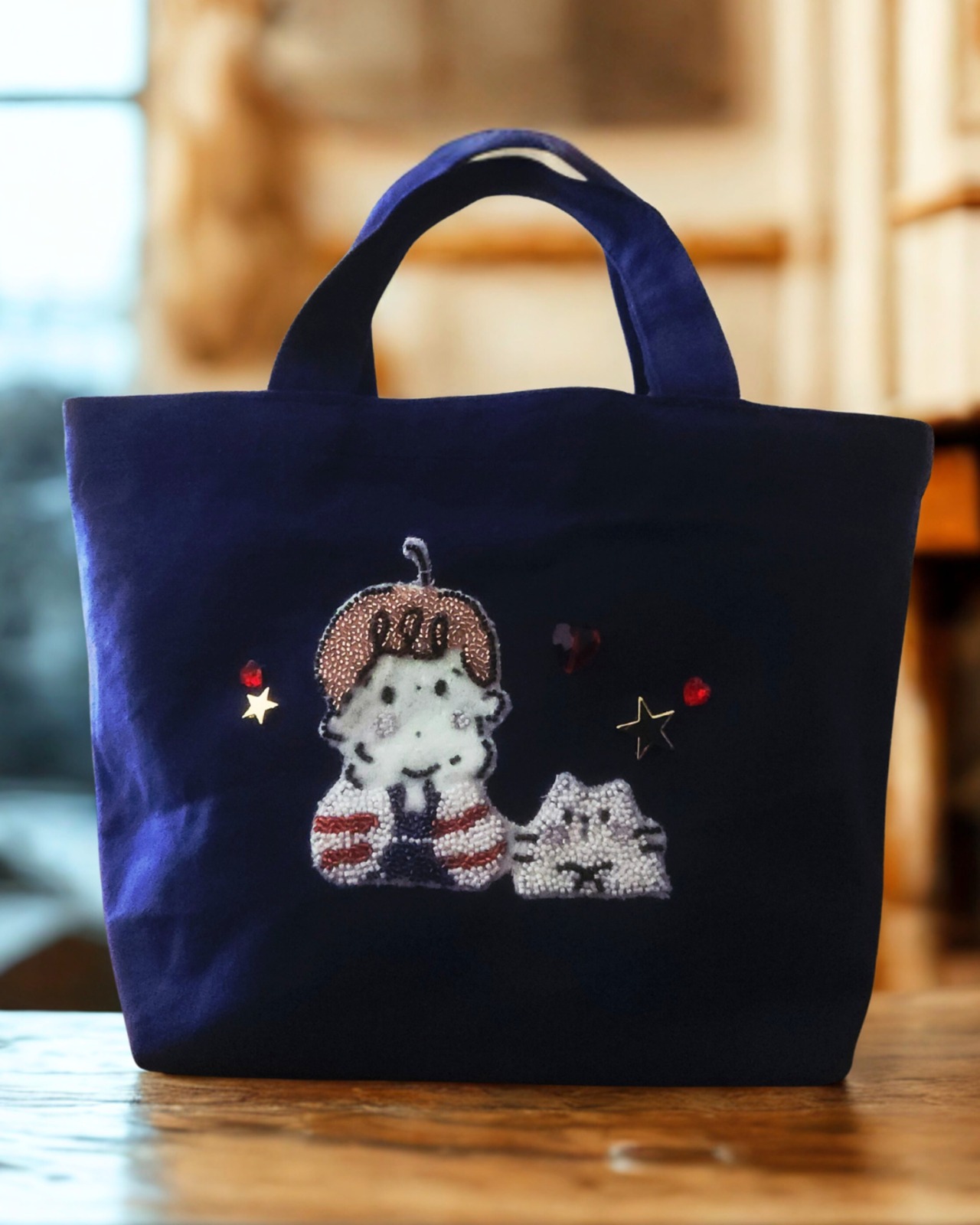 ♡ビーズ刺繍トートバッグ♡ ネイビー - 3