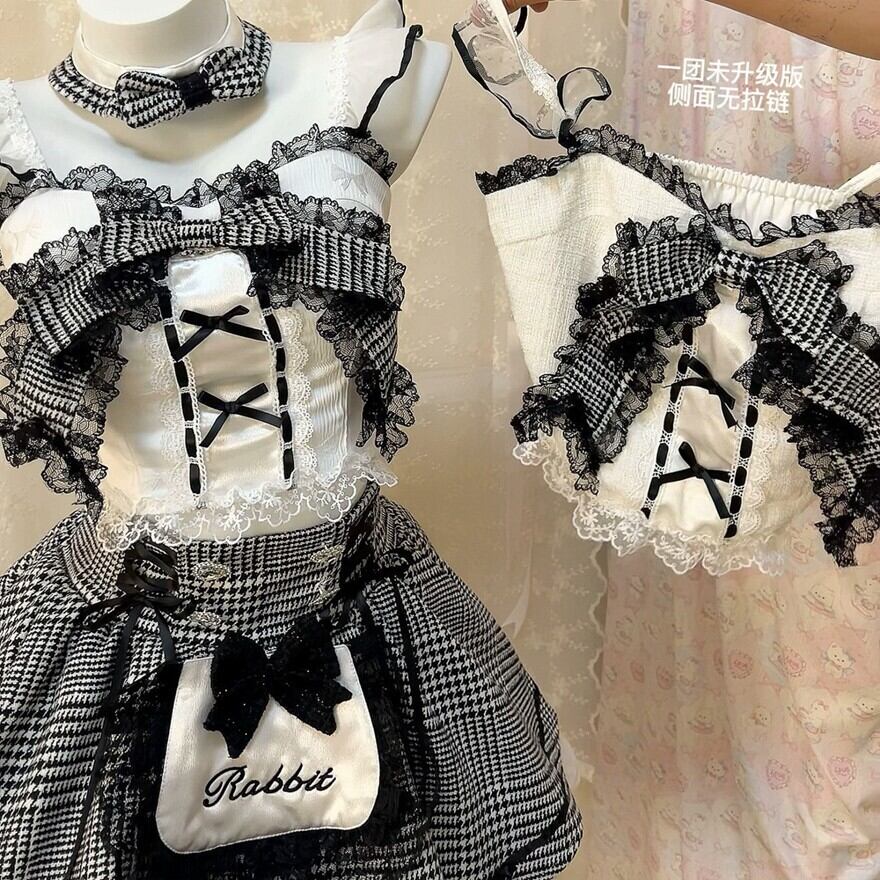 ロリータファッション メイド服 白黒チェック フリルリボン6点セット