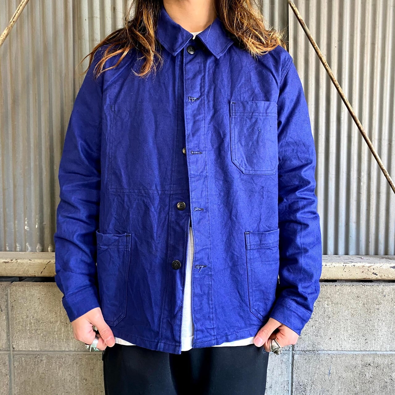コットンツイル フレンチワークジャケット サイズ50 メンズm相当 古着 カバーオール ユーロワーク インクブルー 青色 ネイビー 紺色 ワーク ジャケット Ws22 50 Cave 古着屋 公式 古着通販サイト