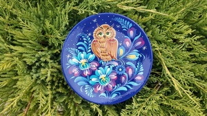 ペトリキウカ塗りのプレート　梟 （ティモシェンコ作）13cm