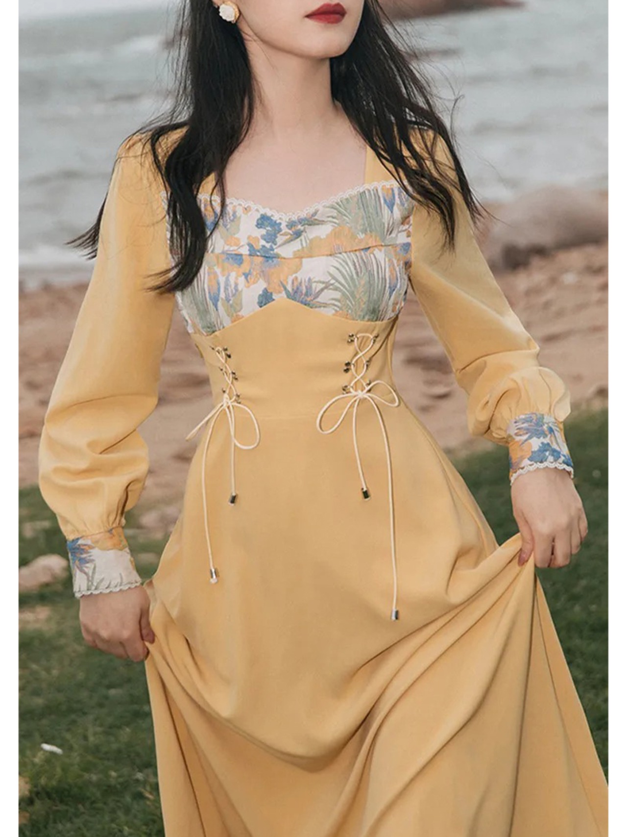 【0137】Waist Ribbon Elegant Long Sleeve Dress