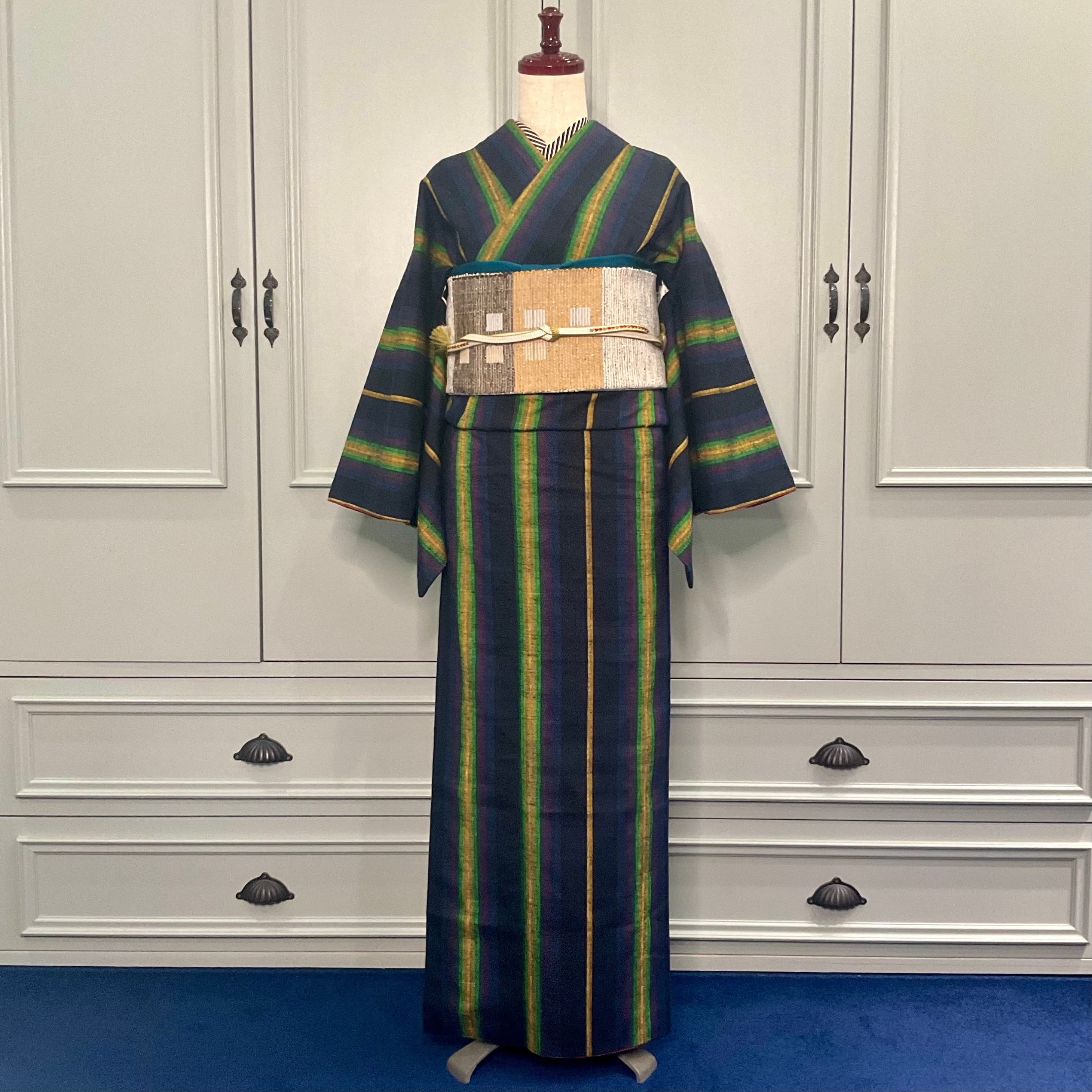 long*shining light*ネイビー 濃紺 縦縞 紬着物 A865 | kimono long*shining light*ネイビー 濃紺 縦縞 紬着物 A865 | kimono