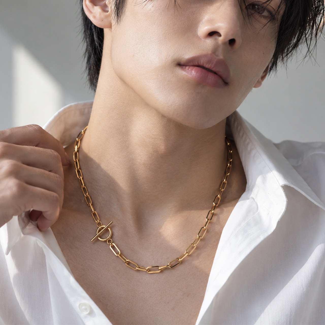 ステンレスシンプルペーパークリップマンテルチェーンネックレスGD