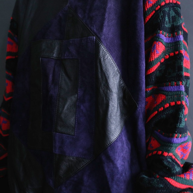 poison color 3D wave knit and leather switching sweater