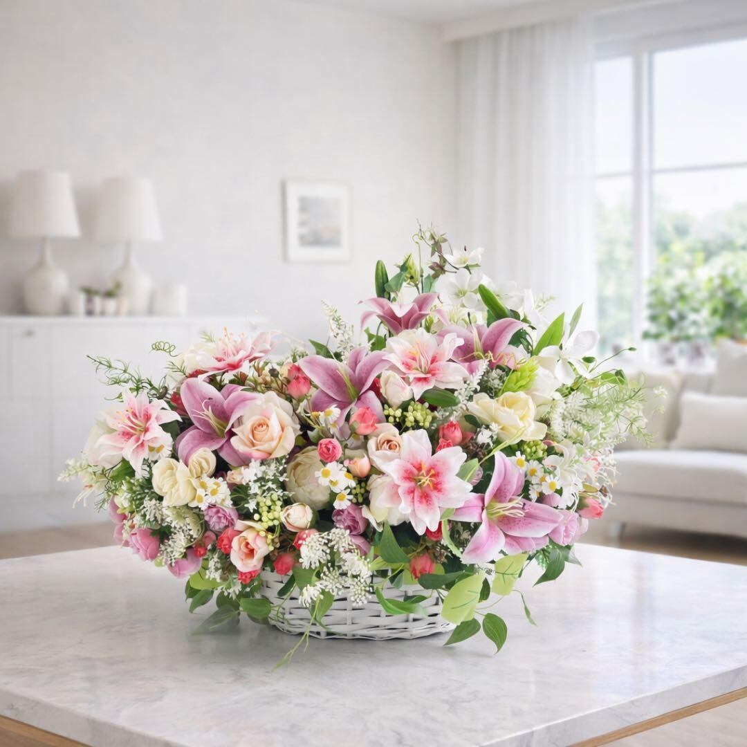 光触媒「至福のプレステージ・バスケット」特大62cm 百合と薔薇 豪華
