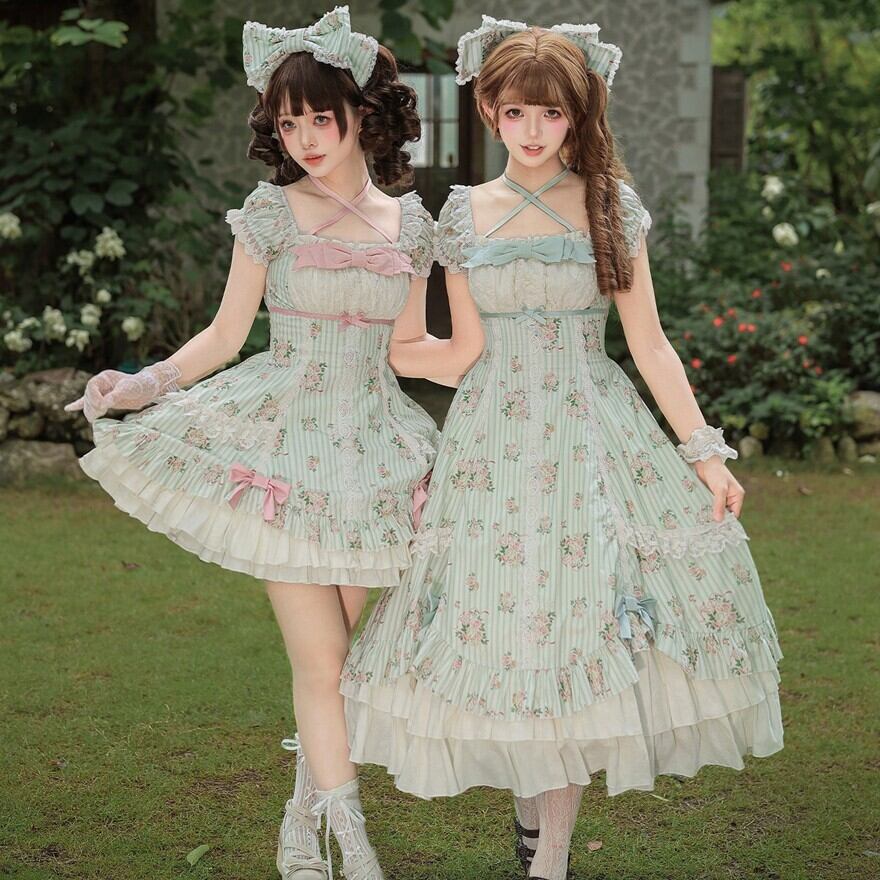 ロリータファッション 甘ロリ 生成りミント薔薇柄ミニワンピース3点