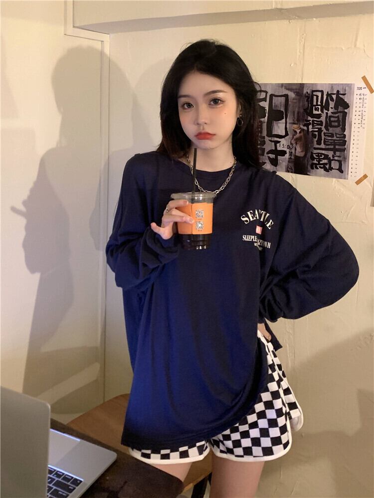 Tシャツ ルーズホワイトプリント柄スタイルトップス オータム ロング 秋物 ブラックストロベリース46264395445