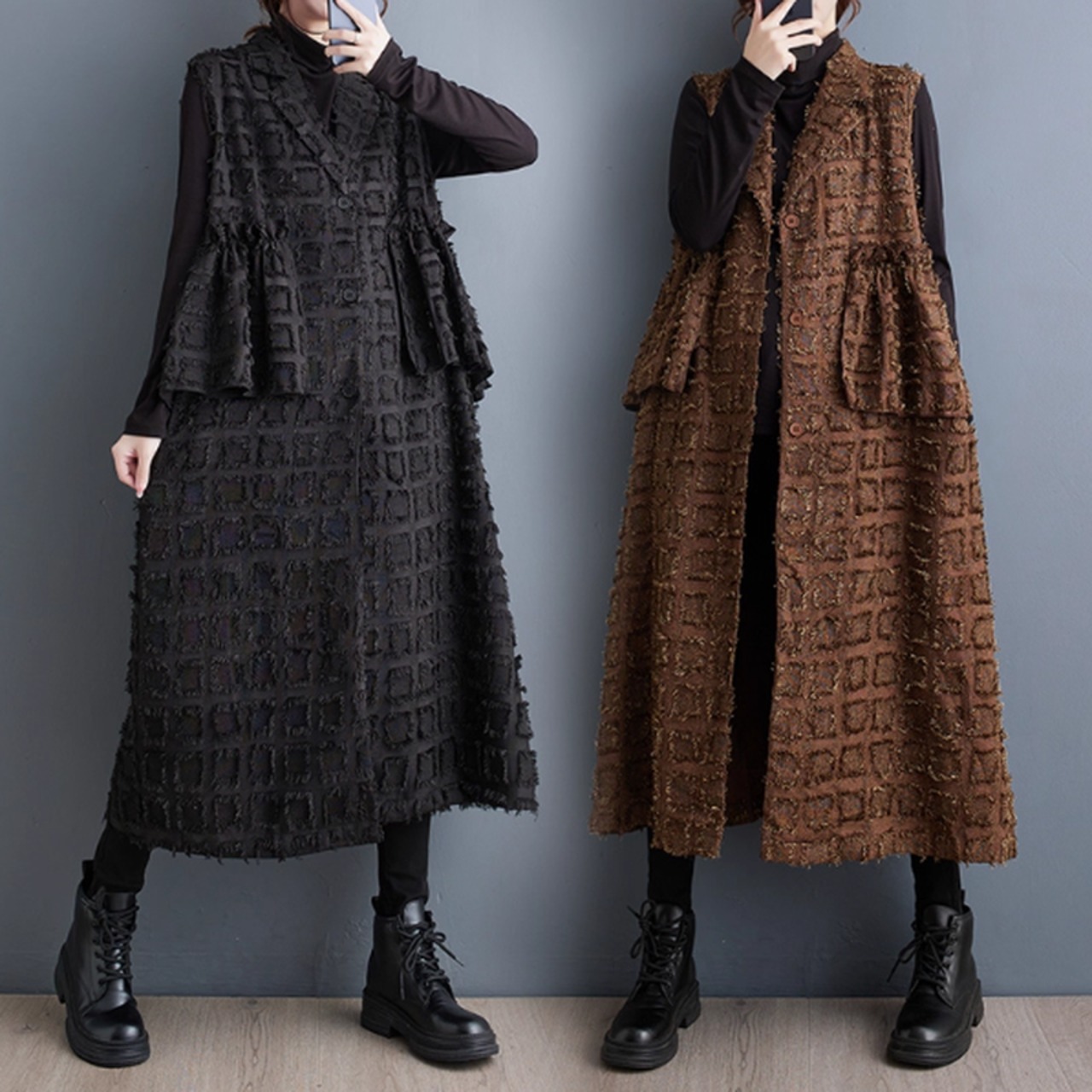 格子柄 フリル ロングベスト 60022