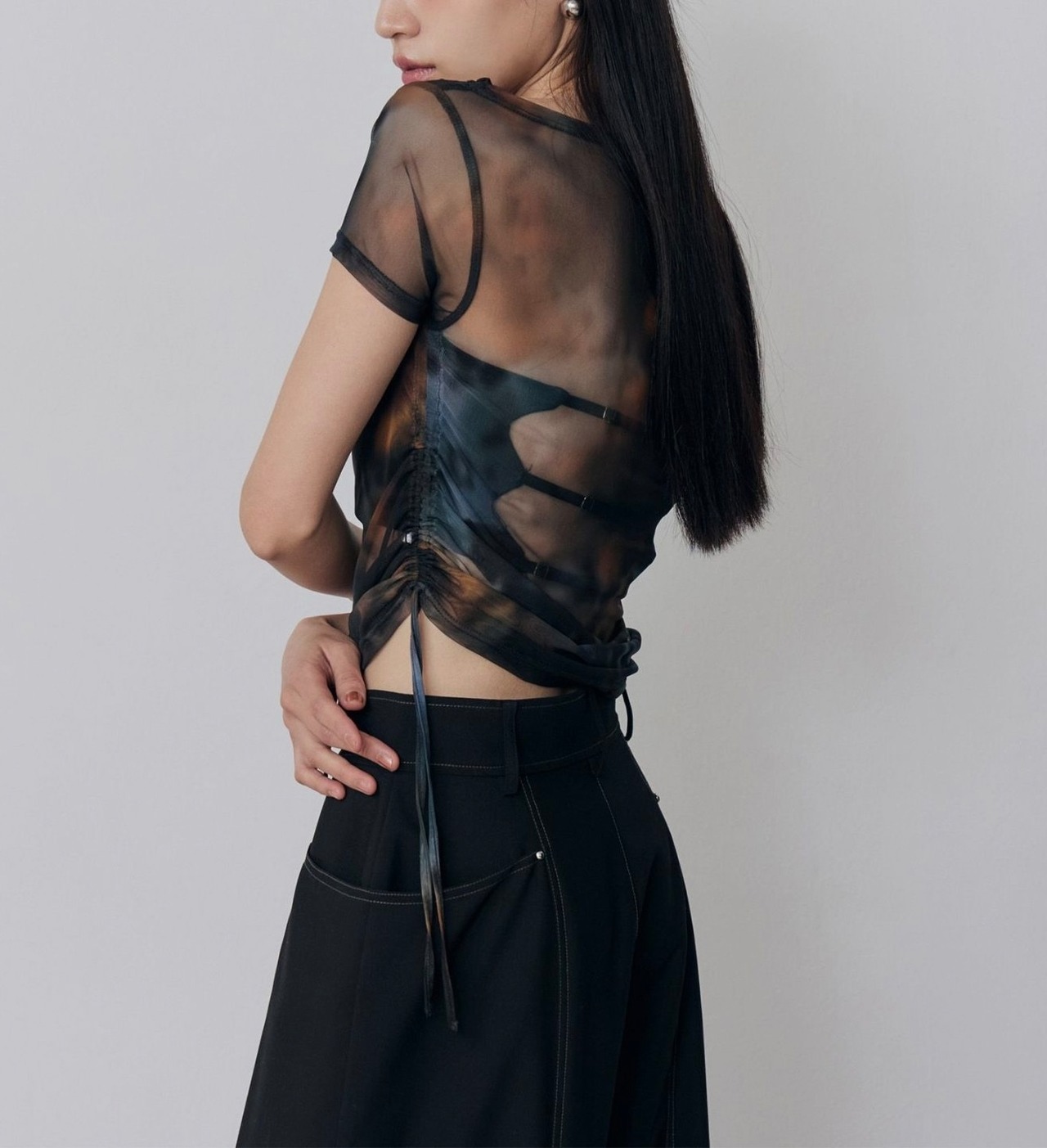 Tucked Drawstring Sheer Top / BROWN - 2