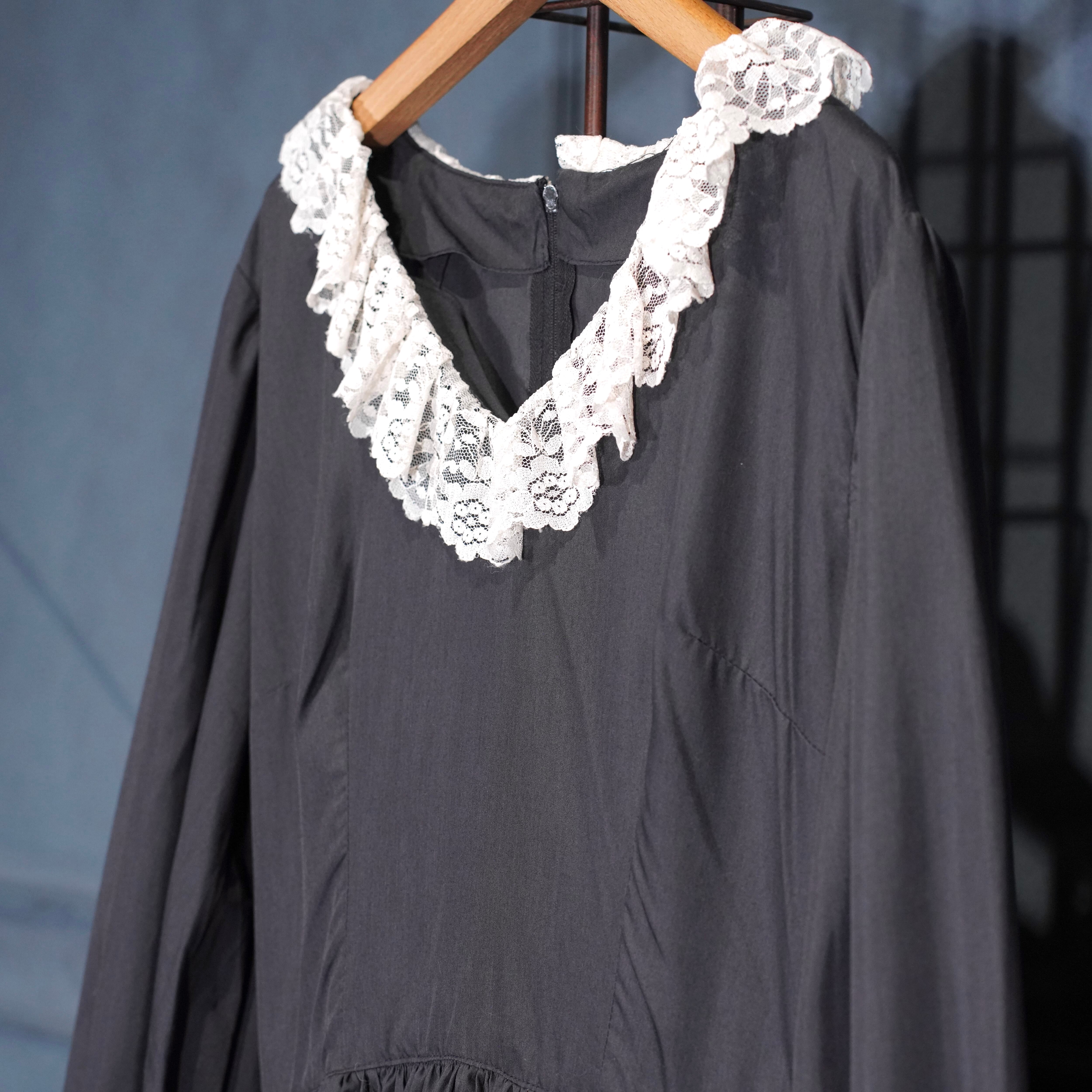 60's～70's USA VINTAGE BLACK COLOR LACE DESIGN DRESS ONE PIECE/60
