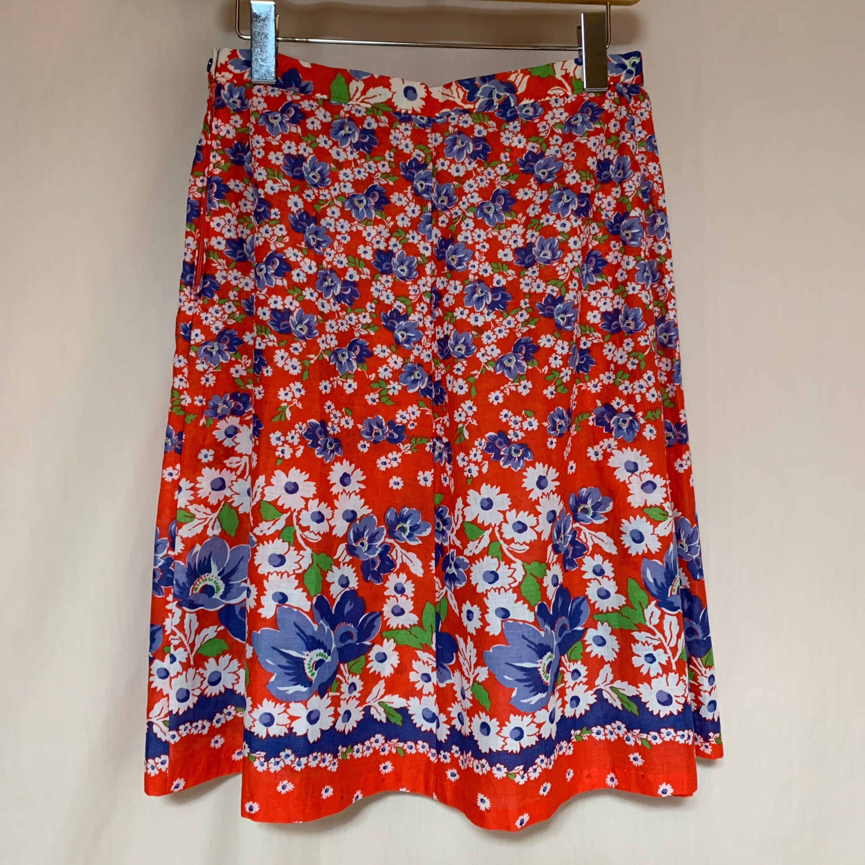 イタリア製 スカート 花柄 ストライプ プリーツ  紺 赤 白