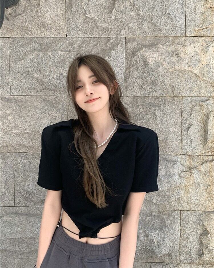 カラーTシャツ サマーショートブラックトップス 大人ガーリー スウィート キュート カジュアル 夏物 ブラックストロベリース73876341829