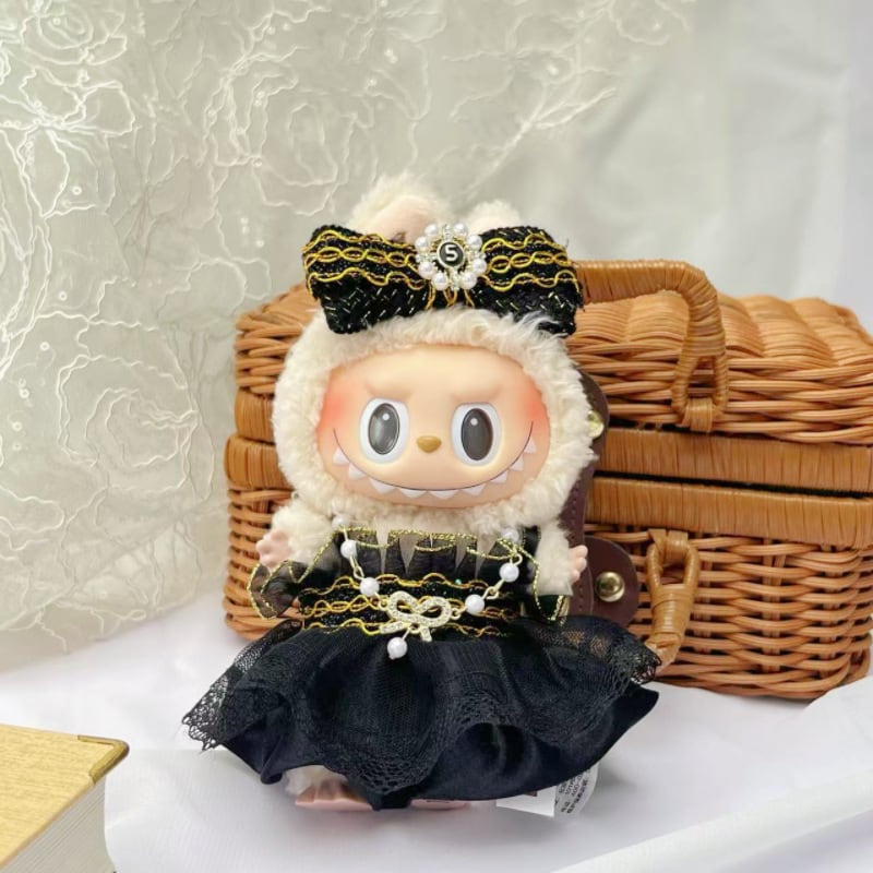 気高さ漂う、上品な三点セット!軽奢な気品♡ Labubu用 ネックレス付きドレスセット (15cm/17cm)|上質な素材とワンポイントの輝き 高級感 ラブブ