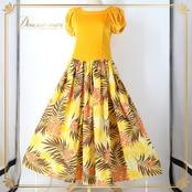 フラダンス 衣装 ワンピース ドレス イエロー系 ハワイアンプリント アロハ 花柄 植物柄 ベロア ボタニカル フラ ダンス レッスン 練習 半袖 華やか 鮮やか かわいい おしゃれ 上品 高級感 光沢感 フレア ブラウン系 オレンジ系 黄 茶 橙 フラダンス衣装 高級 ハワイアン おしゃれなデザイン 軽やか 華やかさ