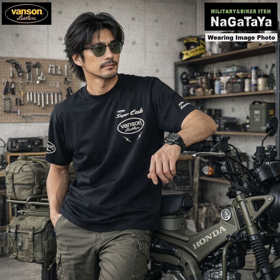 （8）vanson HONDA レザーシャツ カスタムデザイン 黒 HONDA VANSON Tシャツ スーパーカブ HRV-240 コラボ 半袖Tシャツ 刺繍