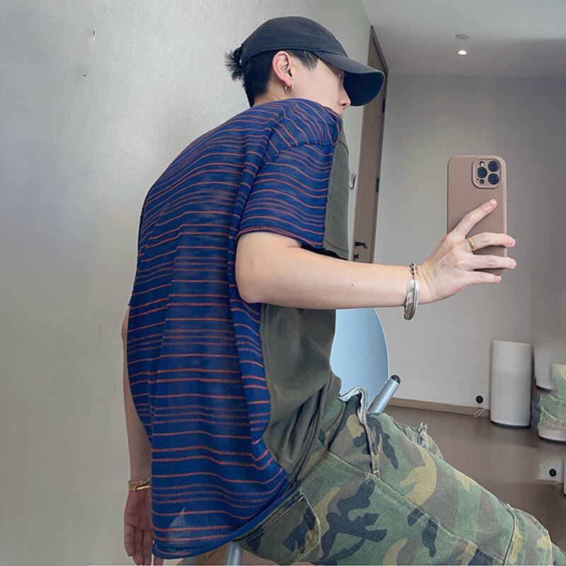 dannyandzeeメッシュ切り替えボーダー柄半袖Tシャツ