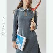 淡青に滲む余白：レースカラーワンピース《XU0279》