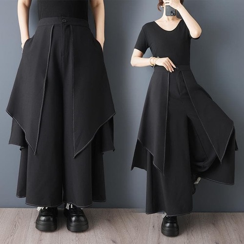大きいサイズ レディース ワイドパンツ 黒 切替 アシンメトリー 体型カバー