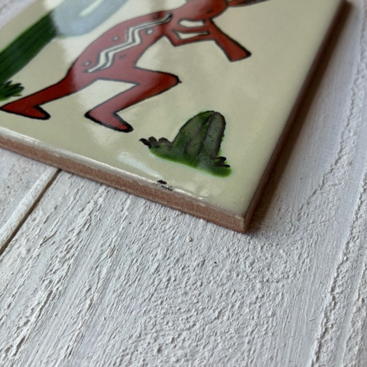 Mexico Talavera tile　メキシコタラベラタイル　X　ココペリ　サボテン　ホワイト　　10cm　コースター　鍋敷き　DIY　モザイクタイル　柄タイル　室内壁　室外壁　デザインタイル　レトロ　アートタイル　ハンドメイド