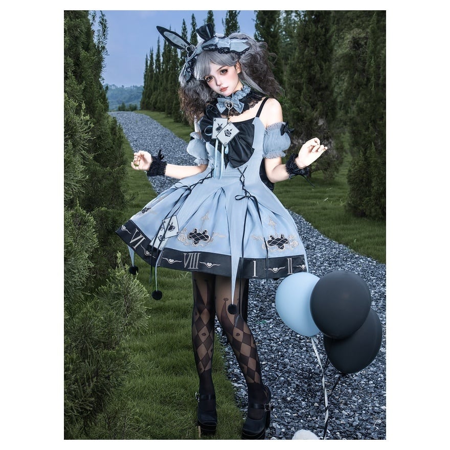 星屑の小悪魔　フルセット　ゴスロリ　しゅくれどーる　ロリィタ　ロリータ ロリータファッション 甘ロリ水色黒ワンピースセット 袖パーツ付き