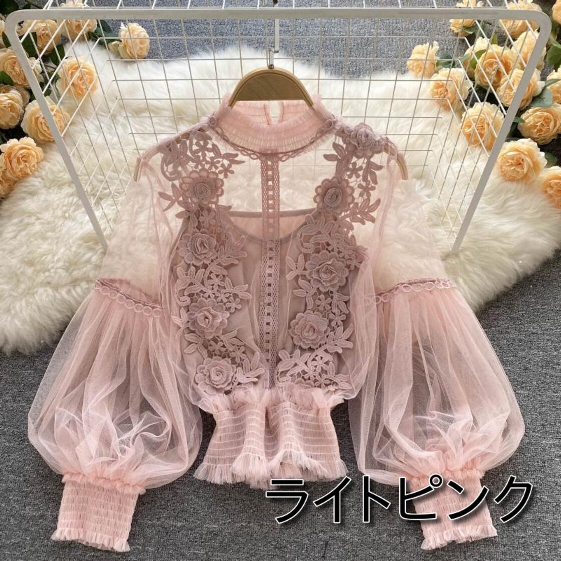 送料無料】 シースルーブラウス 白 黒 立体フラワー レース 花柄 刺繍 