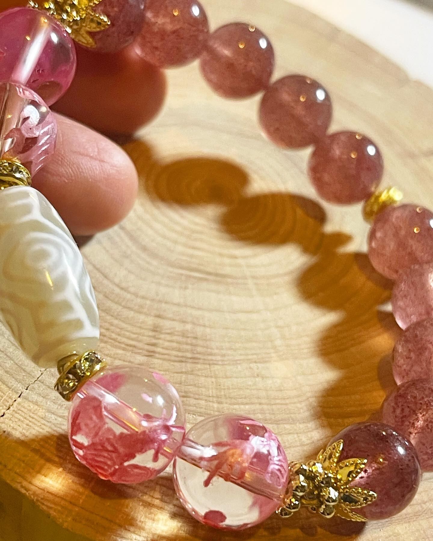 赤龍眼天珠 天然石パワーストーンブレスレット ストロベリークォーツ