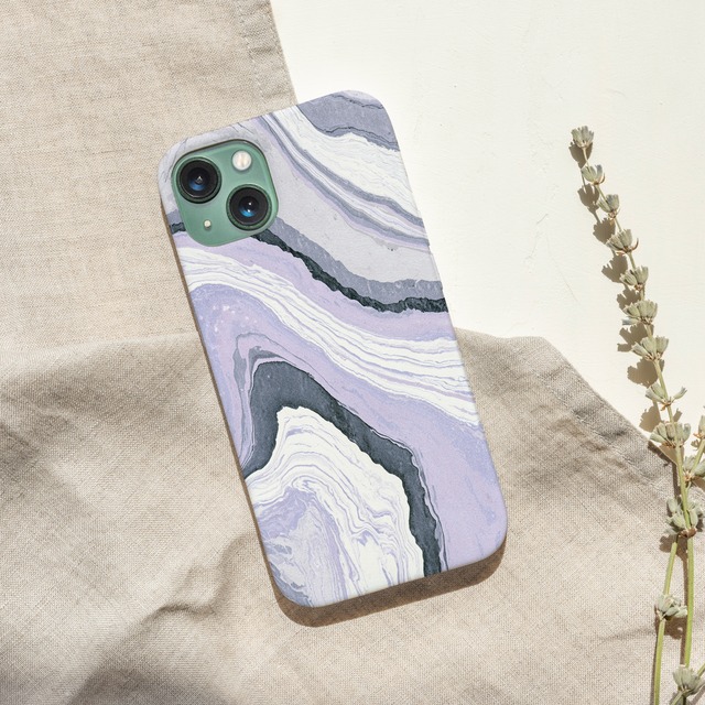 受注生産 iPhoneケース ラベンダーとグレーの流線マーブル｜水面模様 PABS084A