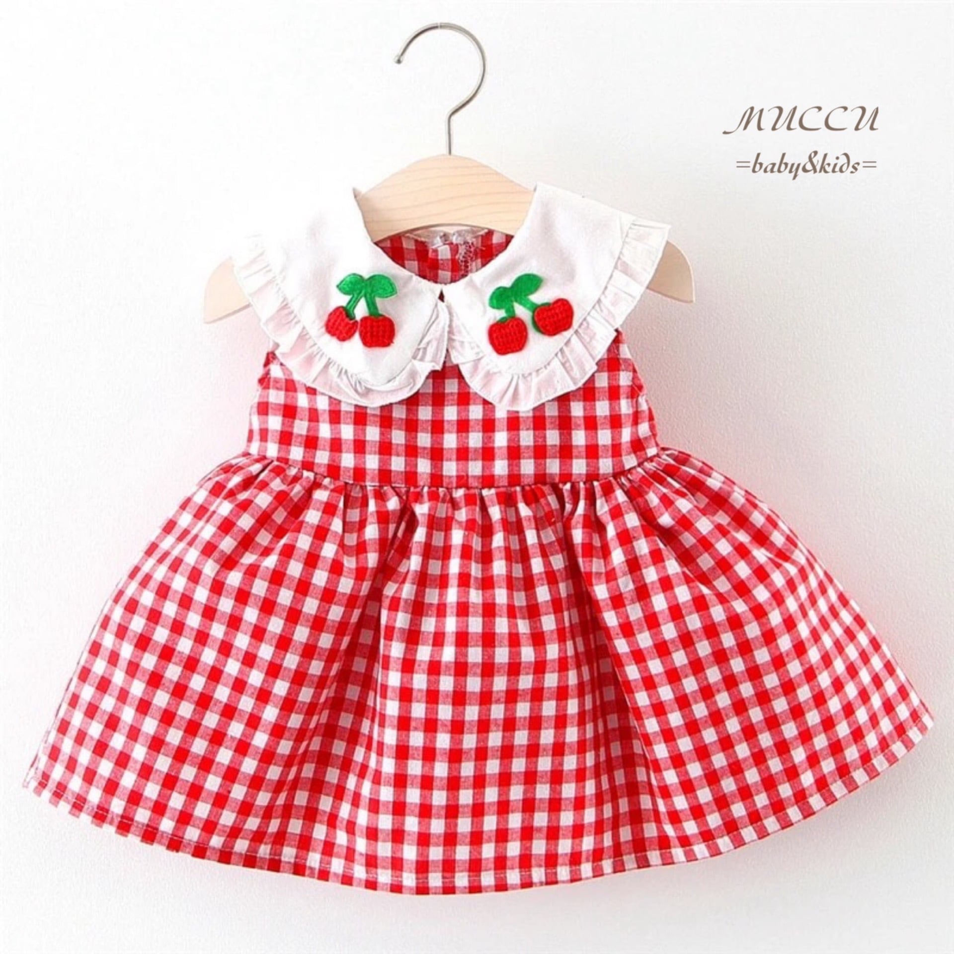 BABY♡ギンガムチェックワンピース♡エンジ 送料無料！【予約販売】 チェリー ギンガムチェック ワンピース 70c