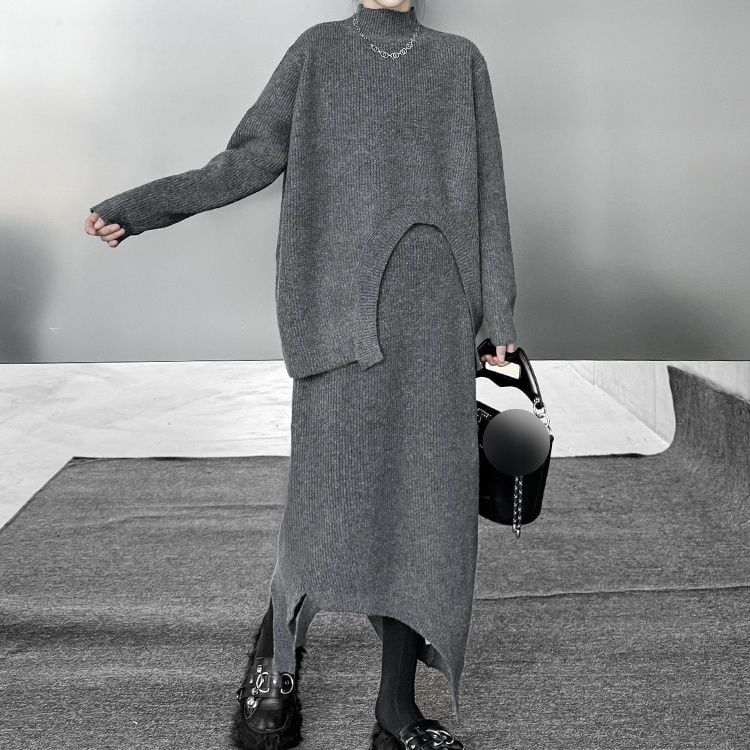 SOLID LIB KNIT MOCK NECK PULLOVER & LONG SKIRT 3colors M-15350