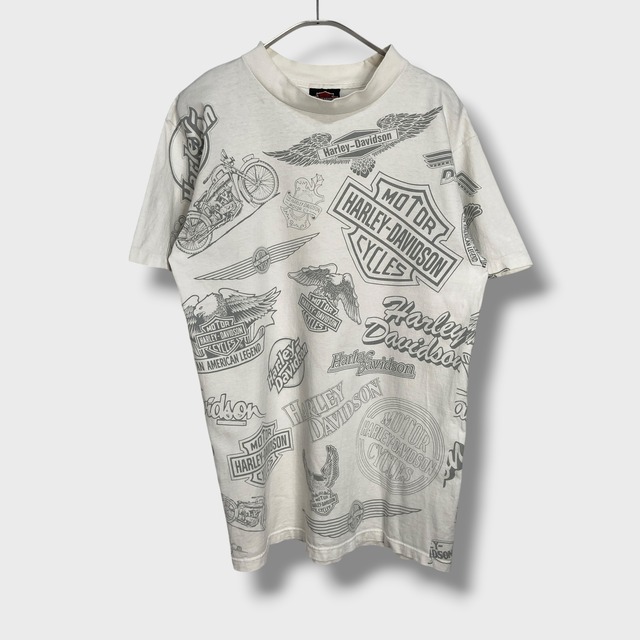 90s USA製 ハーレーダビッドソン オールオーバープリントTシャツ 白 L