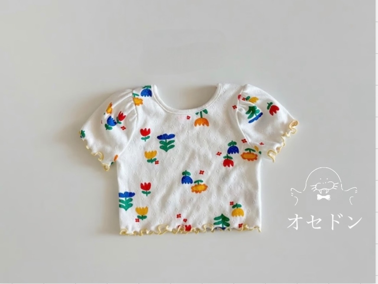 【Hei.】フラワープリントパフスリーブTシャツ  70~110cm - 1
